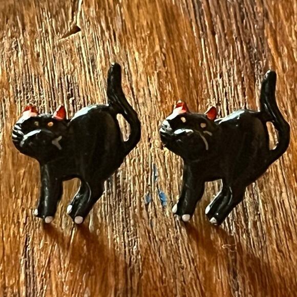 Pair of Black Cat Halloween Earrings. Black/Orange Metal. Holiday. - Picture 1 of 4